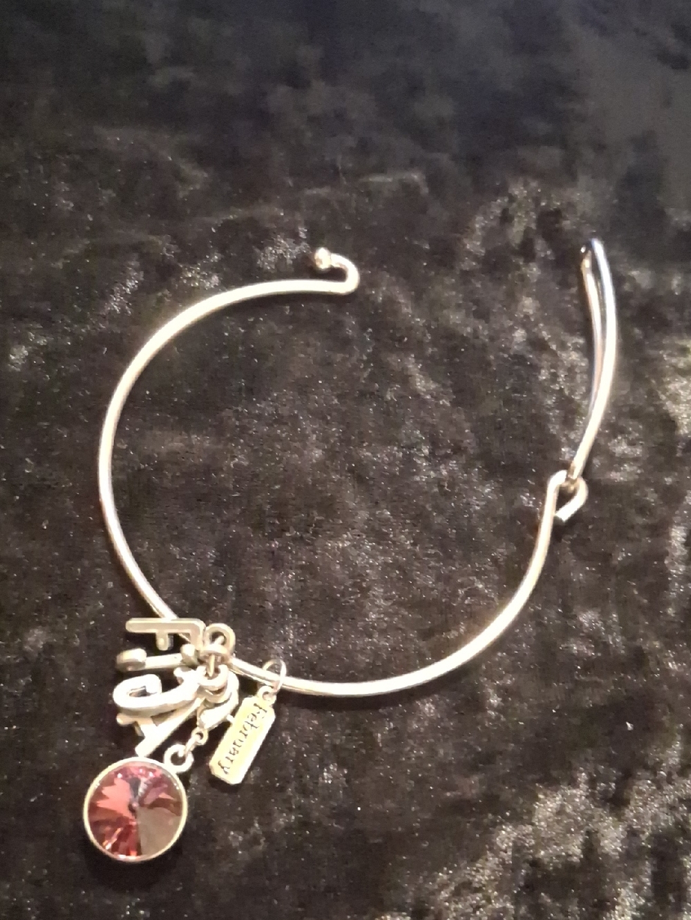 Silver-Tone & Febuary Amithyst Charm Bangle Bracelet with Crystal Accent